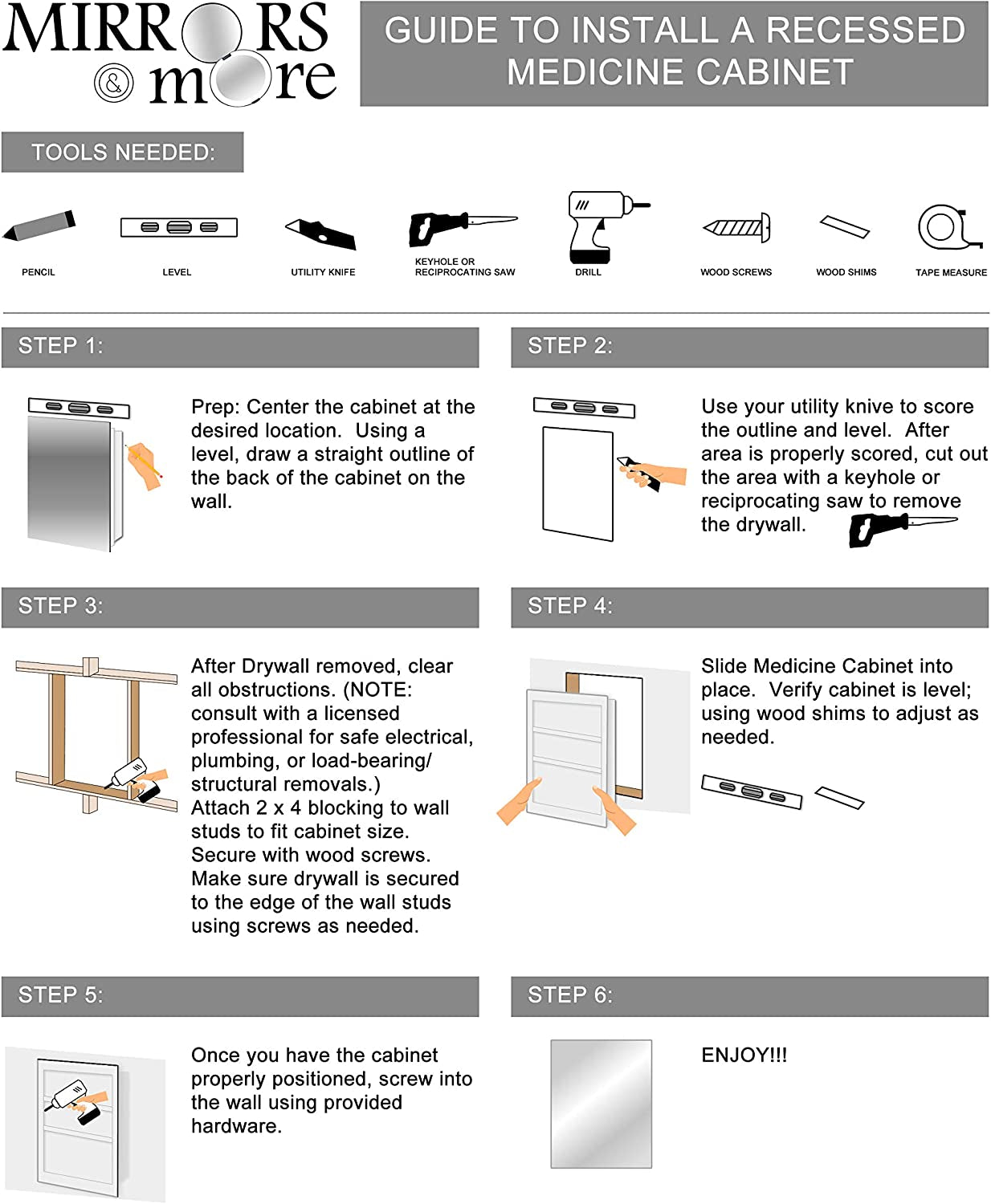 16" X 22" Medicine Cabinets for Bathroom with Mirror - Bright Steel Framed, Recessed, Modern Home Décor, Bright Steel, Non-Adjustable Shelves